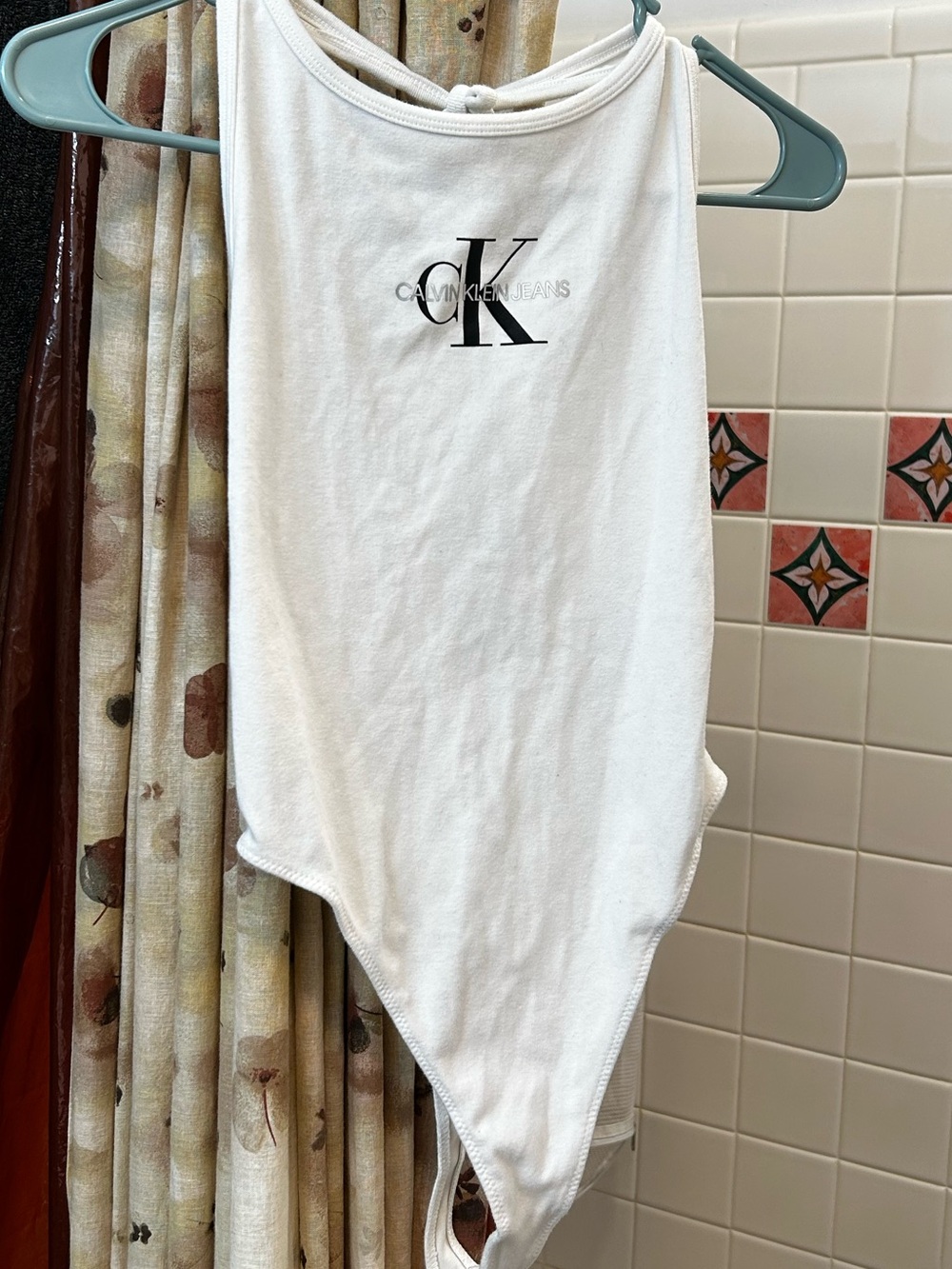 Calvin Klein White CK Logo Asymmetrical Bodysuit Tank